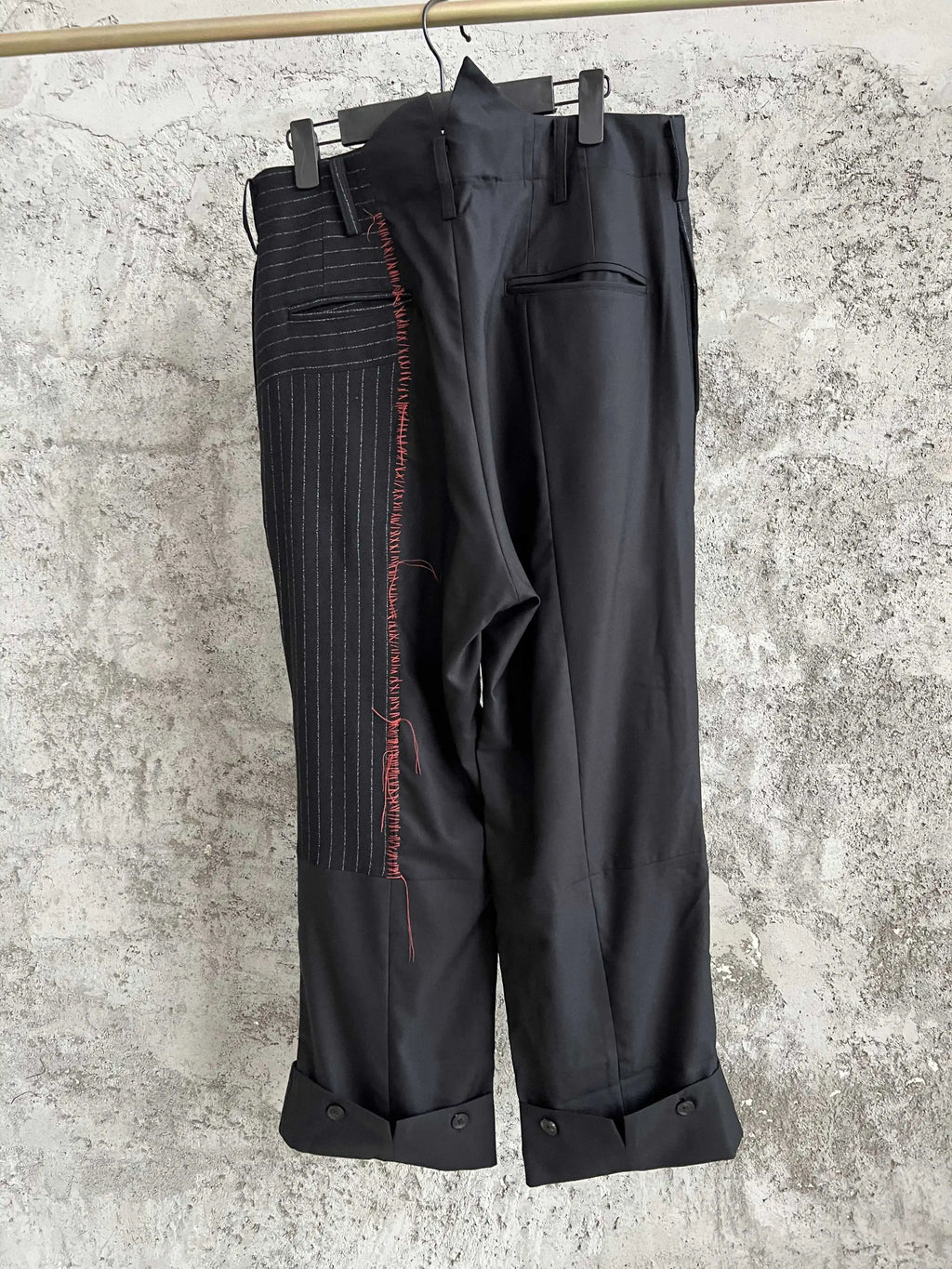 TOP-YAMAMOTO striped casual patchwork design trousers, straight-leg long pants, with buttoned-up adjustable rolled-up legs