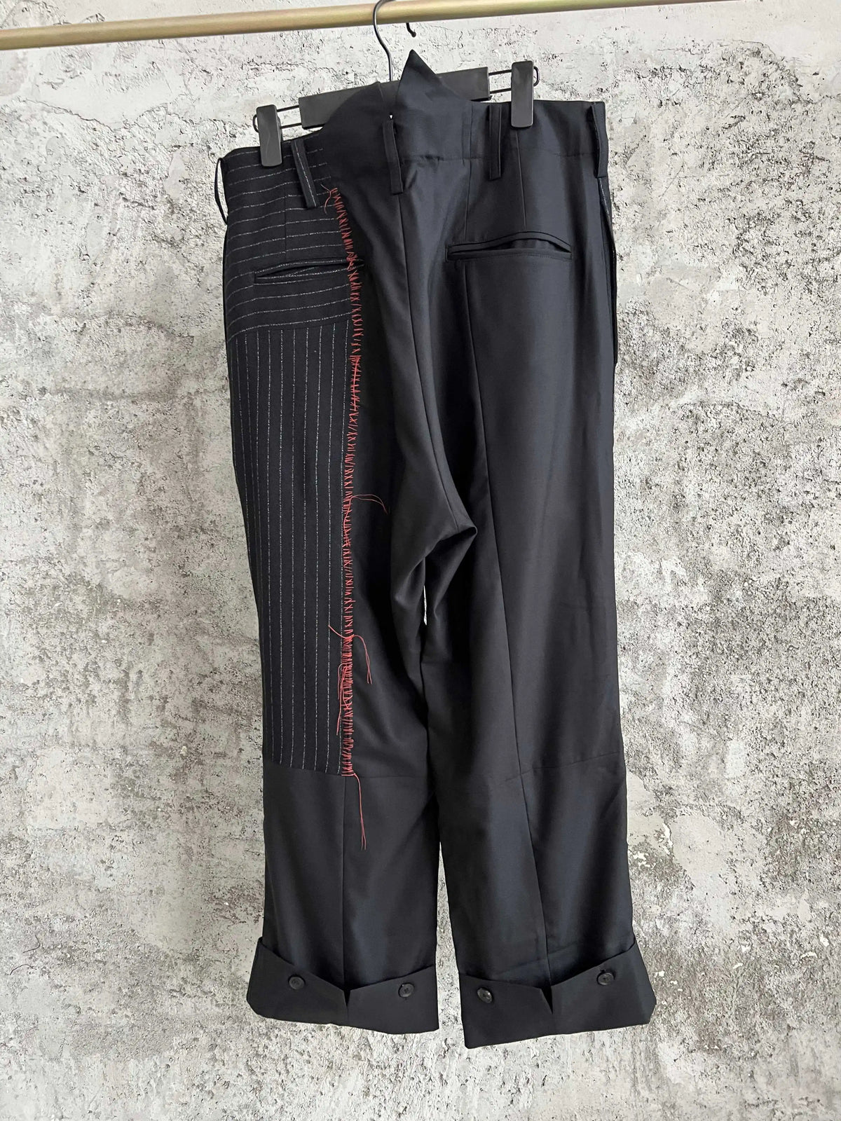 TOP-YAMAMOTO striped casual patchwork design trousers, straight-leg long pants, with buttoned-up adjustable rolled-up legs