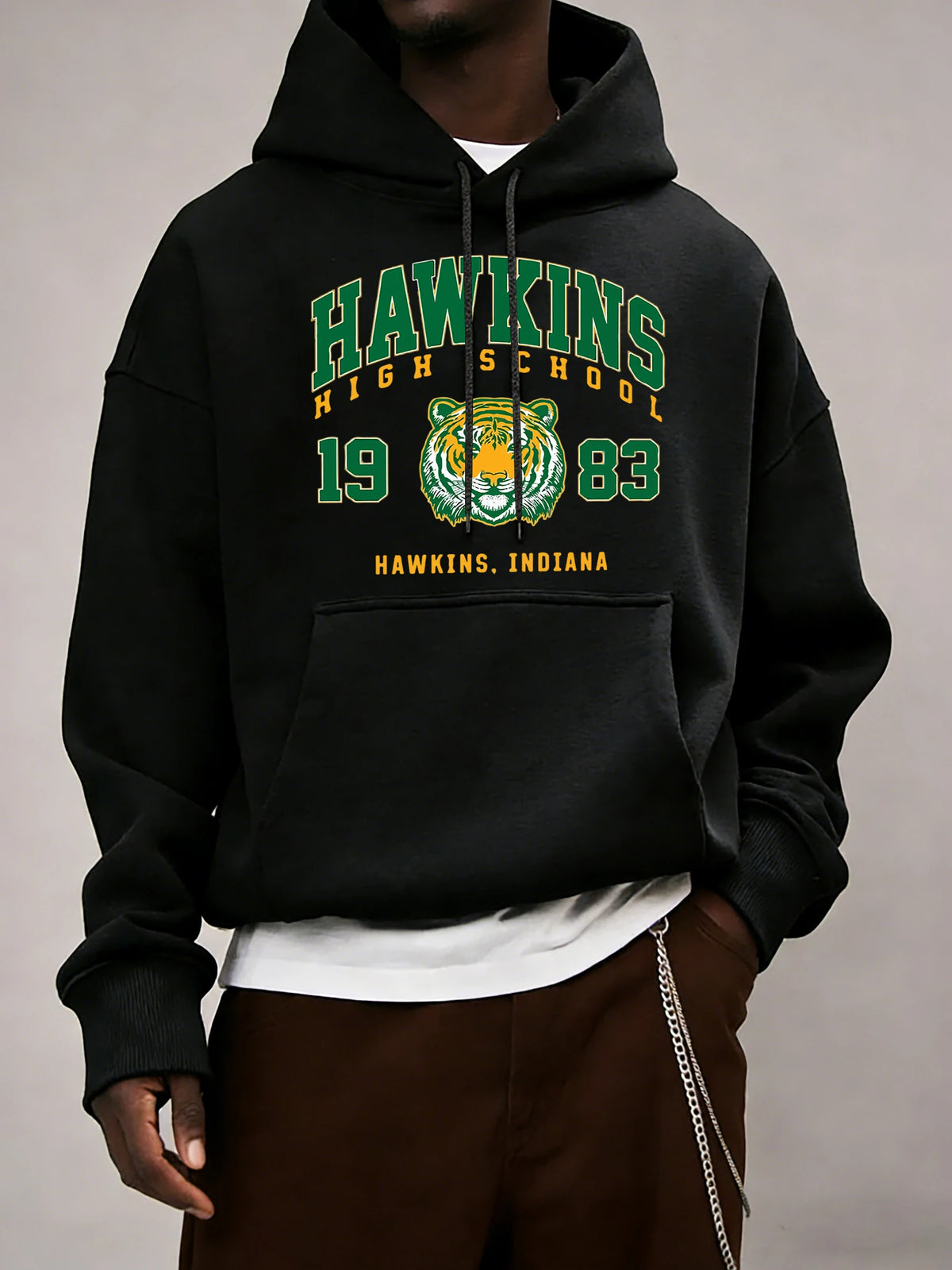 Hawkins High School 1983 Prints Men Hoodie Autumn Pocket Sportswear Loose Fleece Pullover 14 Colour Unisex Simple Long Sleeve