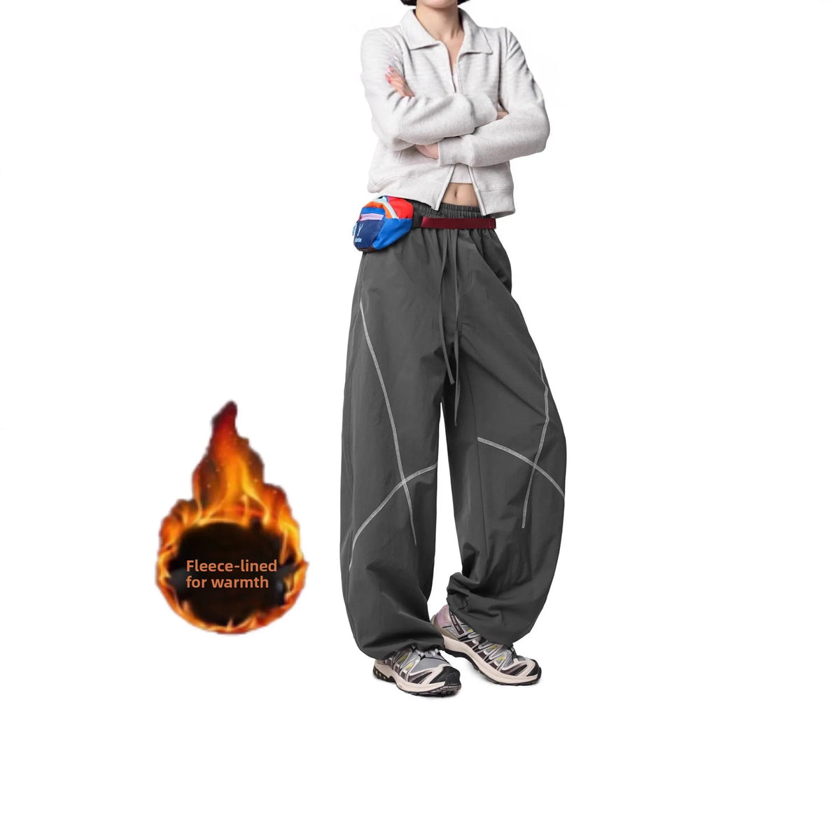 American High Street Thickened Fleece Lined Straight Leg Sporty Casual Pants Autumn Winter Unisex Wide Leg Pants