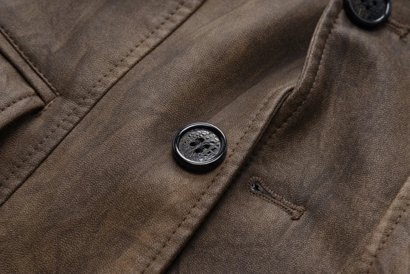 Mid-Length Leather Jacket Man Fashion Turndown Collar Outdoor Camping Windproof Coat Casual Daily Style Autumn Winter Clothing