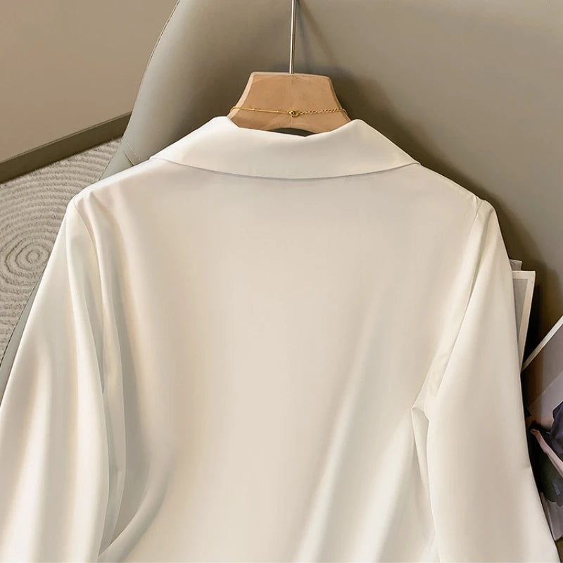 White Long Sleeve Polo Collar Shirt for Women Plus Size Spring Autumn Fashionable Base Layer Blouse French Style Premium Feeling