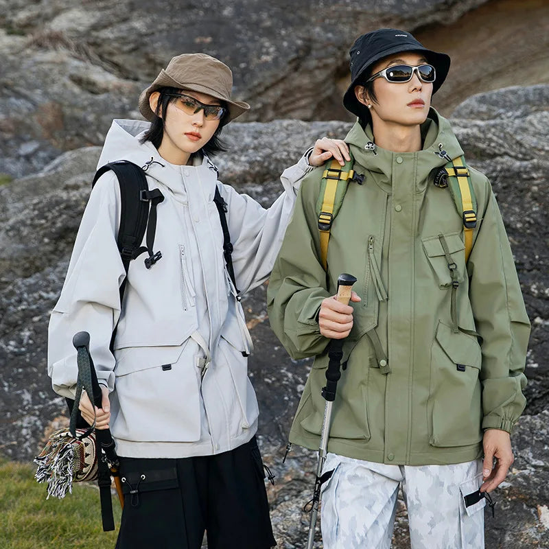 2025 new mountaineering outdoor sports windproof jacket men loose couple all-in-one waterproof jacket 2XL