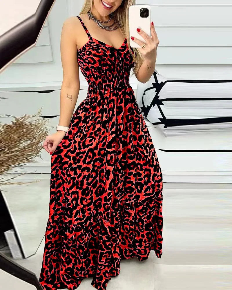 Summer new leopard print camisole V-neck dress high waisted skirt sexy temperament  long skirt women's clothing plus size