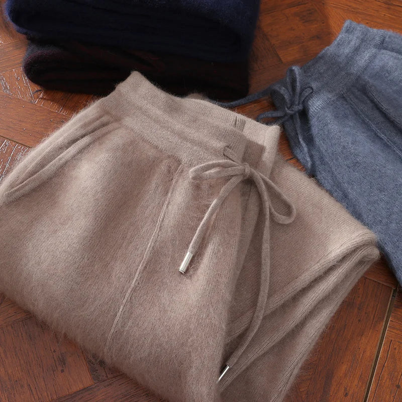 Autumn Winter 100% Mink Cashmere Men's  Pants Thickened Knitted Long Pants Slim Fitting Solid Color Warm Flat Corner Pants