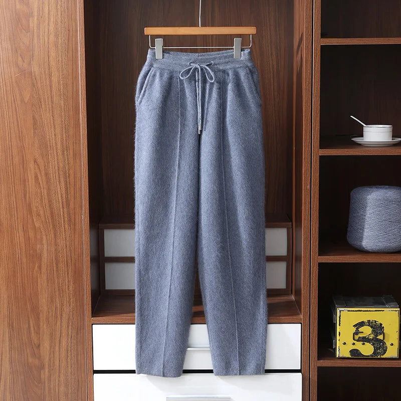 Autumn Winter 100% Mink Cashmere Men's  Pants Thickened Knitted Long Pants Slim Fitting Solid Color Warm Flat Corner Pants
