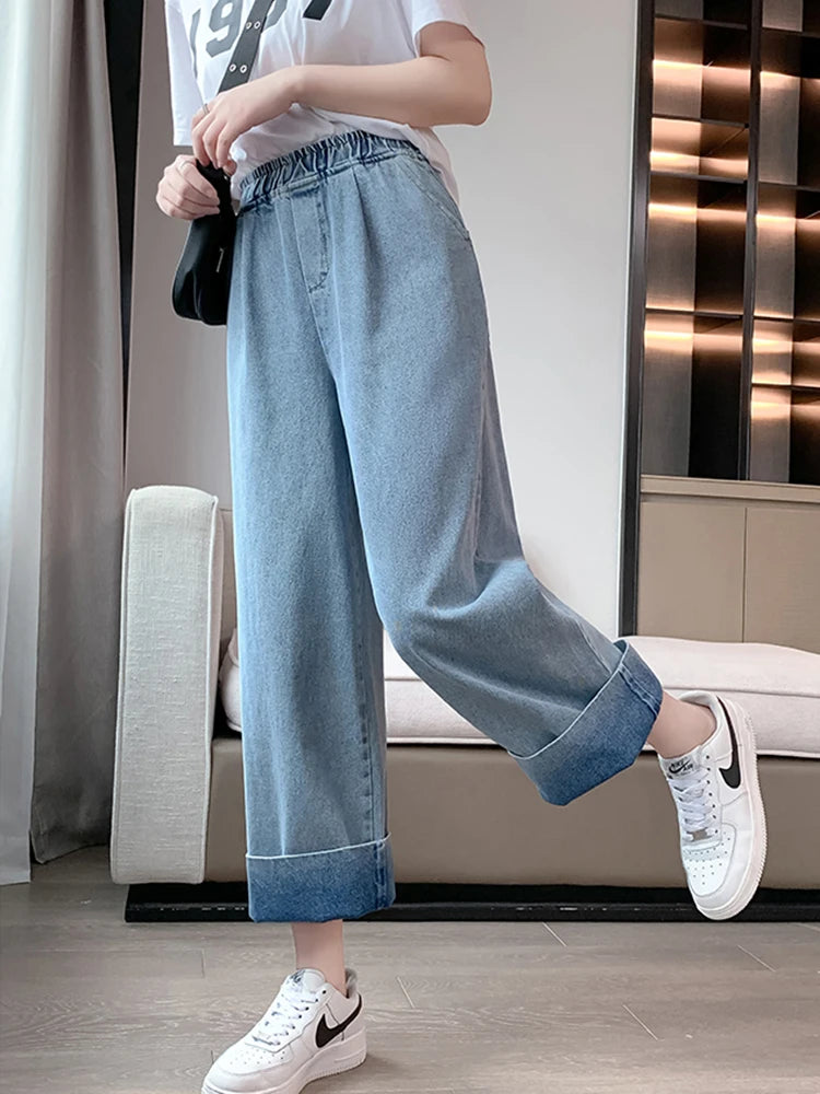 Casual Mom Baggy Jeans For Woman Autumn Loose Plus Size Wide Leg Jeans Straight Elastic High Waisted Denim Pants Women Slacks