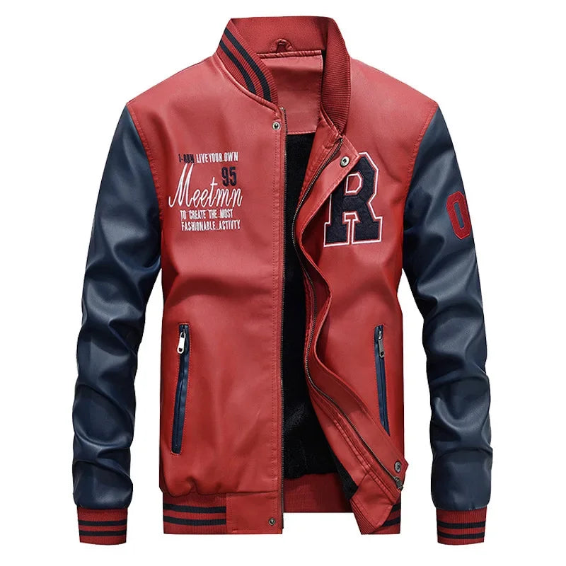 Spring Autumn New Men's Baseball Jacket Fleece Lined PU Leather Biker Coat Casual Loose Fit Fashionable Youth Outerwear