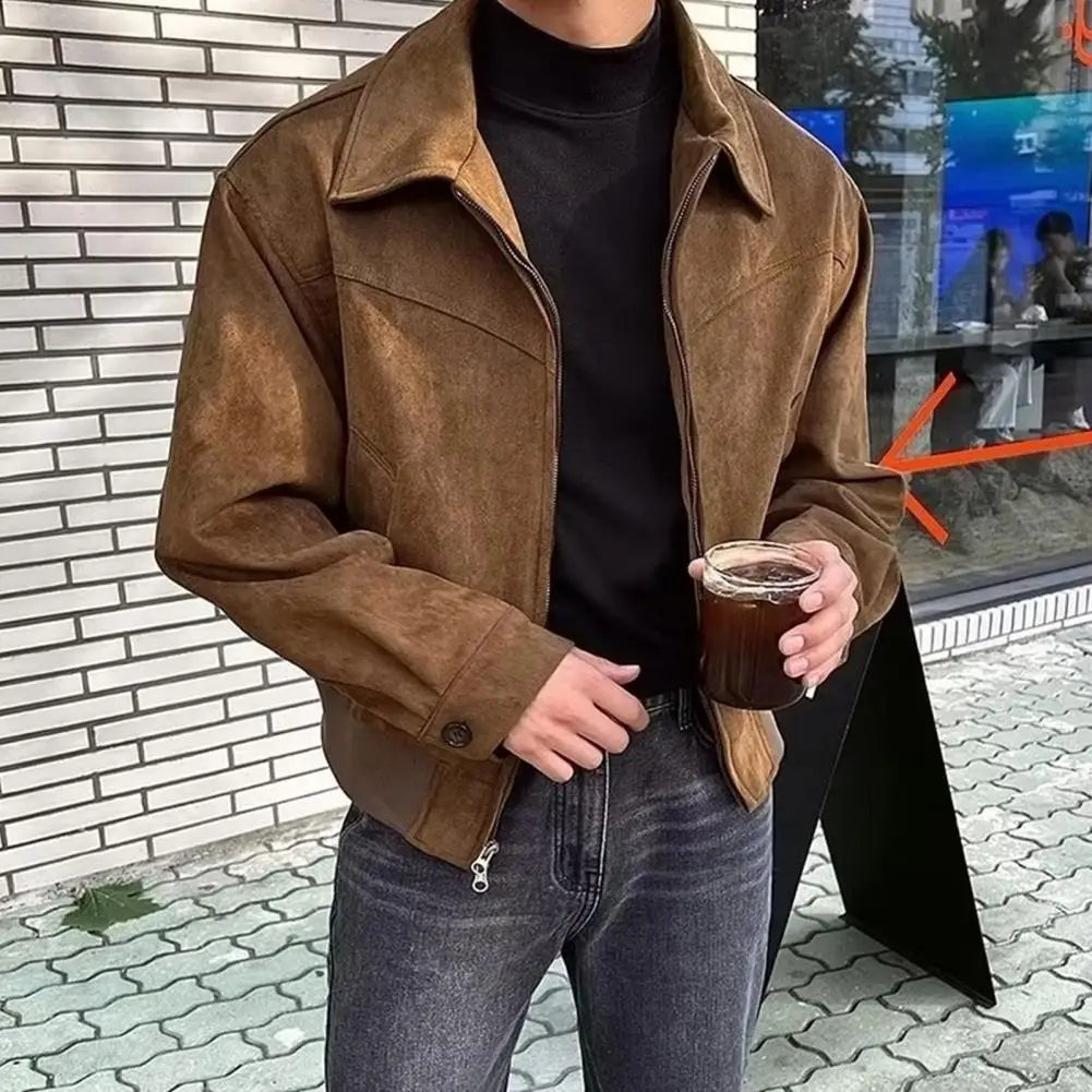 Men Zip-up Jacket Stylish Men's Lapel Jacket with Zipper Closure Side Pockets Solid Color Outwear for Short Style Long Sleeve