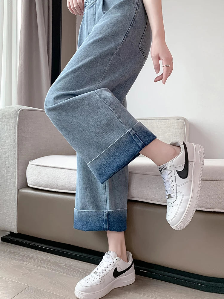 Casual Mom Baggy Jeans For Woman Autumn Loose Plus Size Wide Leg Jeans Straight Elastic High Waisted Denim Pants Women Slacks