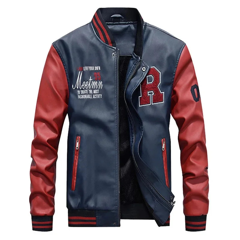 Spring Autumn New Men's Baseball Jacket Fleece Lined PU Leather Biker Coat Casual Loose Fit Fashionable Youth Outerwear