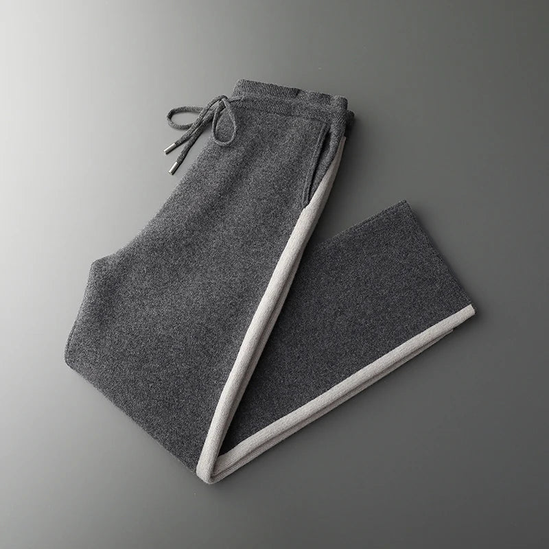 Autumn Winter New 100% Merino Wool Pants Men's High Waist Wide Leg Pants Thickened Jacquard Contrast Pants Casual Knitted Pants