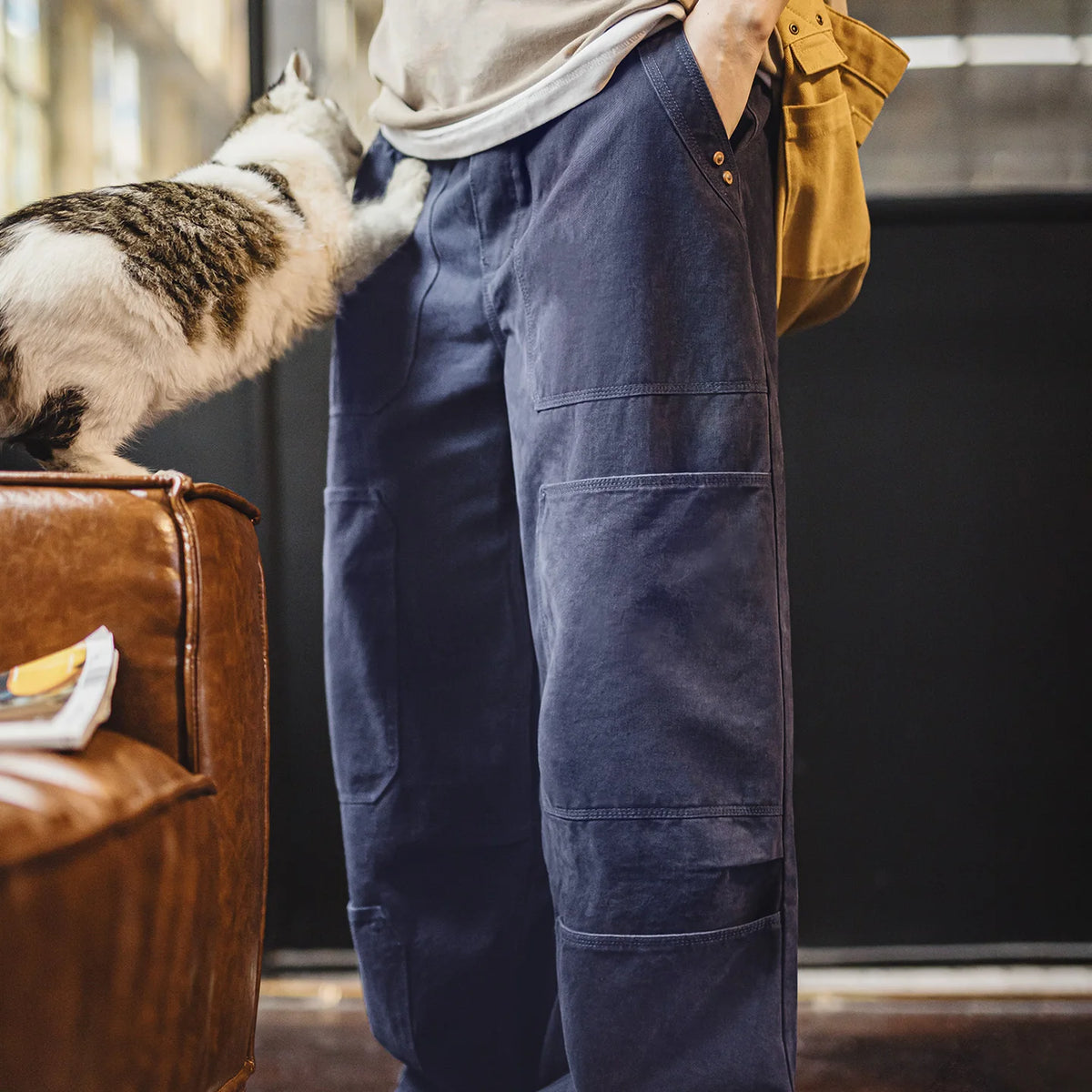Maden Men‘s Vintage Washed Logger Pants Multi-Pocket Cotton Cargo Trousers Casual Wide Leg with Elastic Cuffs for Spring Autumn