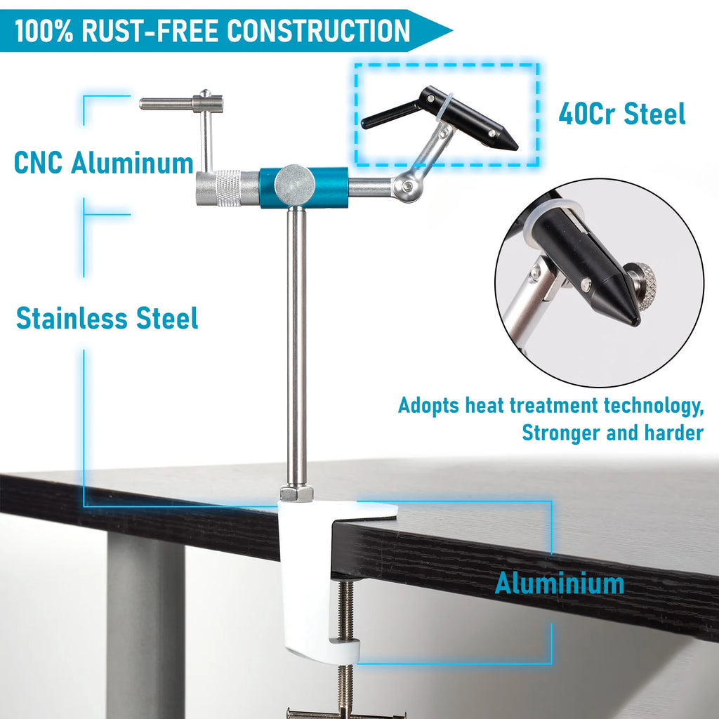 Fly Tying Vise Rotary 360 Degree Fly Tying Base Portable Stainless Steel Aluminum C-Clamp Mount 40Cr Hard Jaws for Fishing Flies