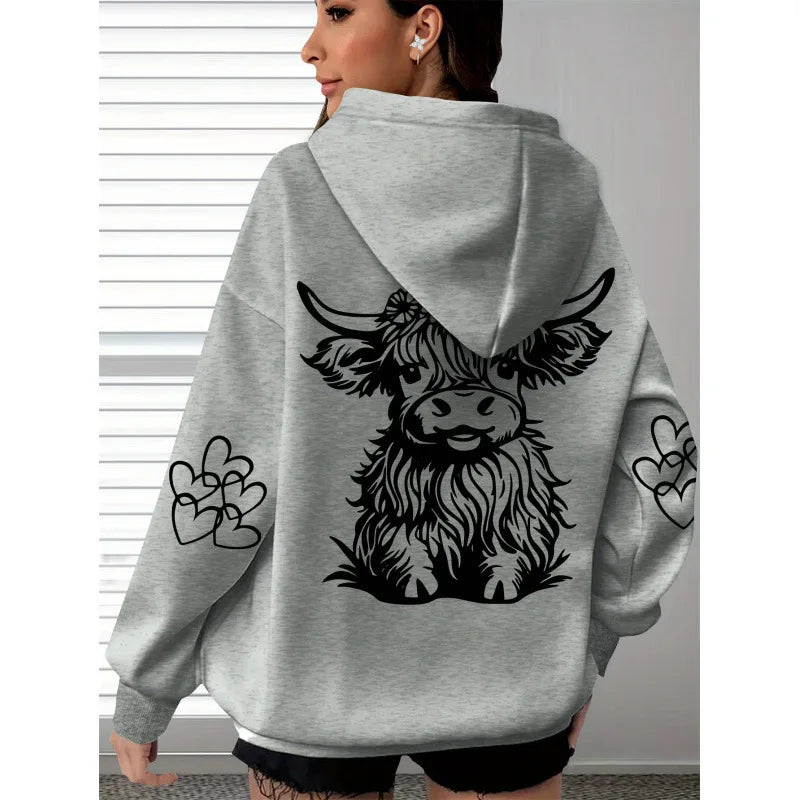Spring and Autumn Women's Hoodie with Highland Cow Print and Claw Heart Design, Large Comfortable and Soft Long Sleeve Hoodie