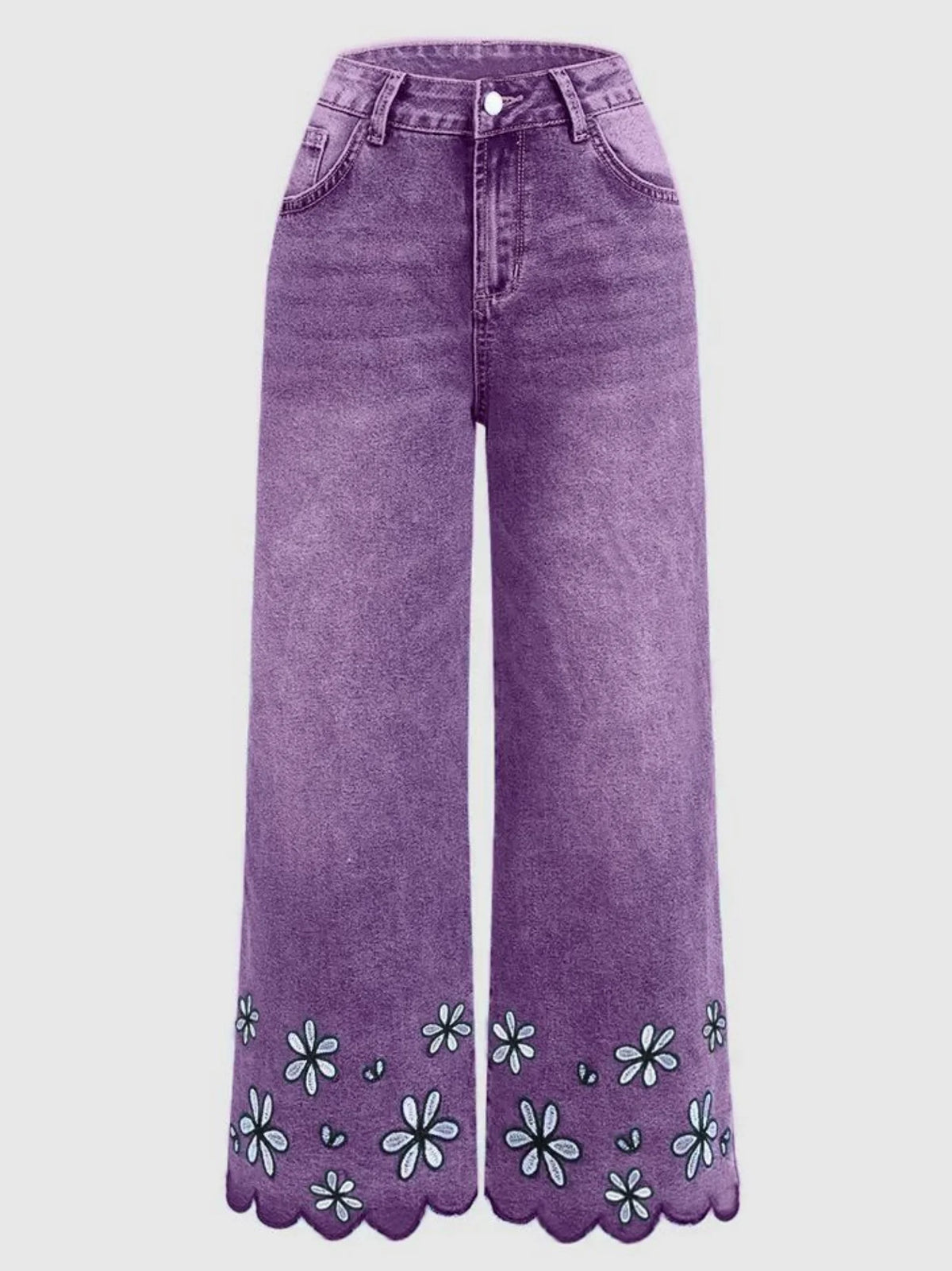 Plus Size Womens Loose Fit Jeans Printed Denim Pants Elastic Waist Comfort Stretch Trousers Floral Embroidery Women's Pants