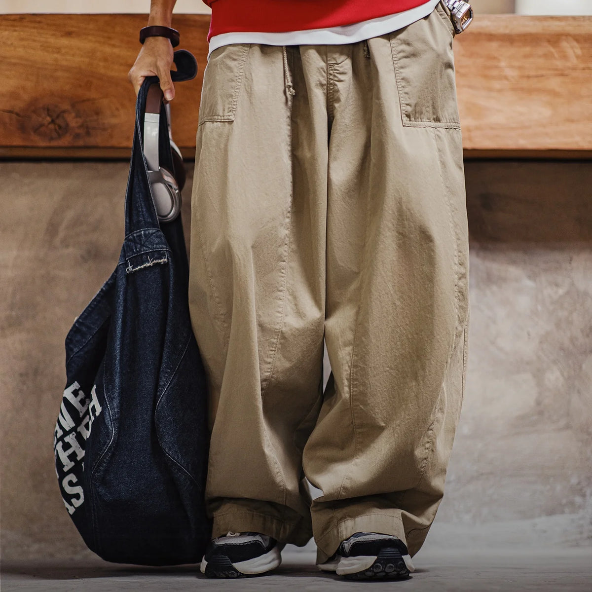 Maden Men‘s Vintage Harem Pants 100% Cotton Khaki Casual Drawstring Trousers Loose Fit Elastic Waist Pants for Spring/Autumn