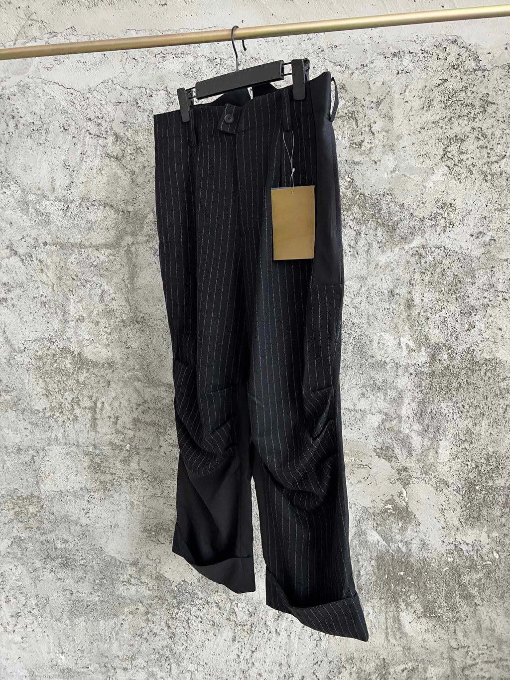 TOP-YAMAMOTO striped casual patchwork design trousers, straight-leg long pants, with buttoned-up adjustable rolled-up legs