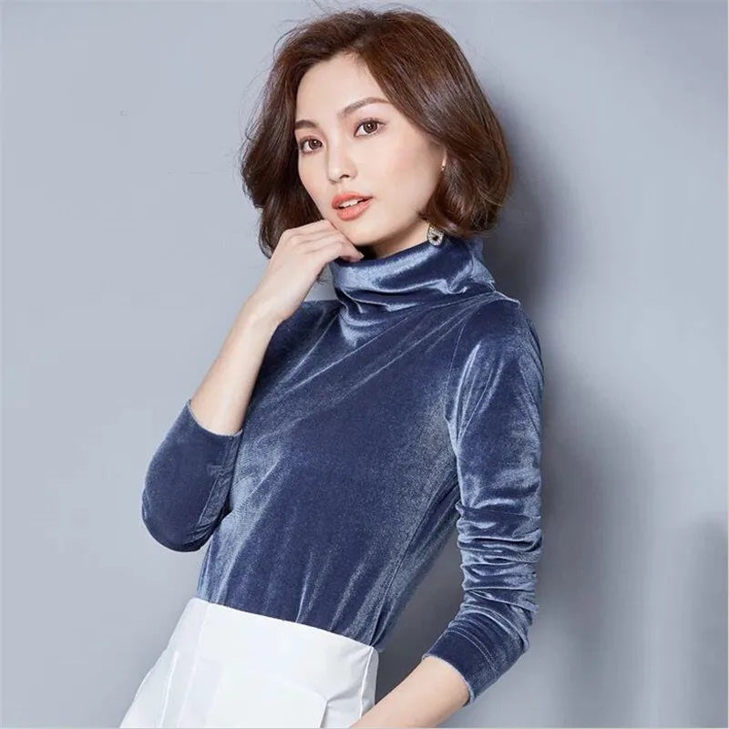 French Turtleneck Bottoming Tops Autumn Long Sleeves Velvet Basic T-Shirts Fashion Lady Office Elegant Solid Large Size Shirts