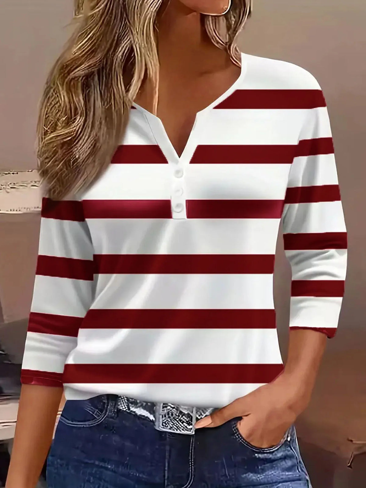 Ladies' striped and printed half-button placket large-size long-sleeved T-shirt, fashionable, elegant, casual, warm long-sleeved