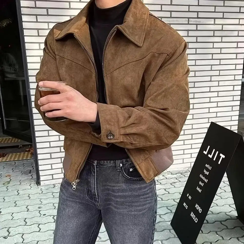 Men Zip-up Jacket Stylish Men's Lapel Jacket with Zipper Closure Side Pockets Solid Color Outwear for Short Style Long Sleeve