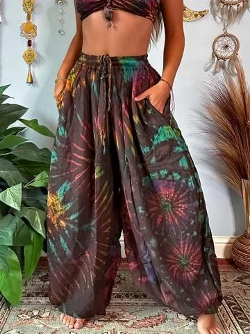 Women Fashion Plus Size 1XL-5XL Tie Dye Comfort Wide Leg Pants Female Casual Vacation High Waisted Loose Long Trousers