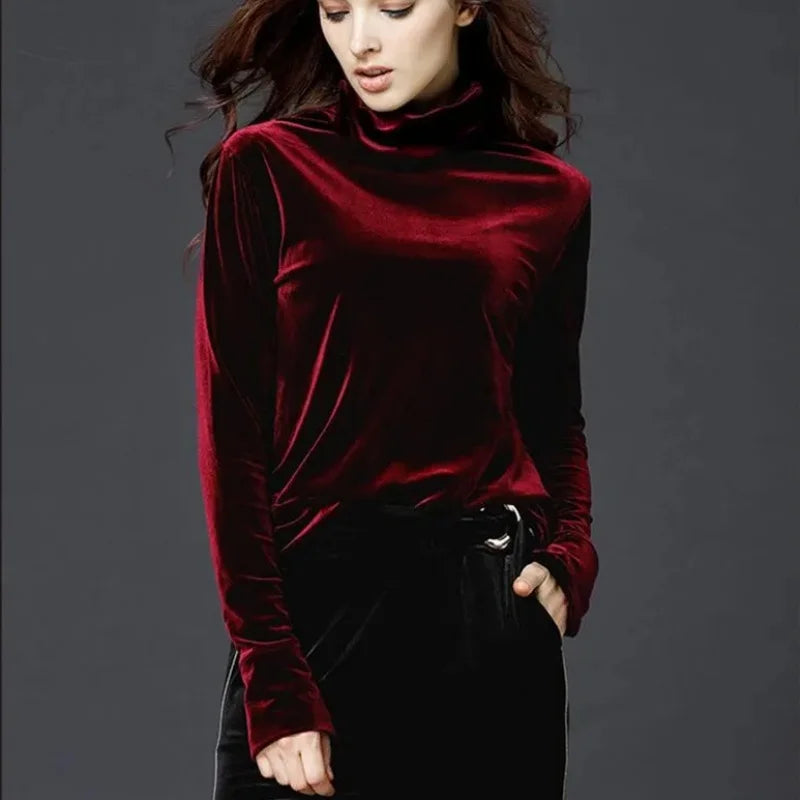 French Turtleneck Bottoming Tops Autumn Long Sleeves Velvet Basic T-Shirts Fashion Lady Office Elegant Solid Large Size Shirts