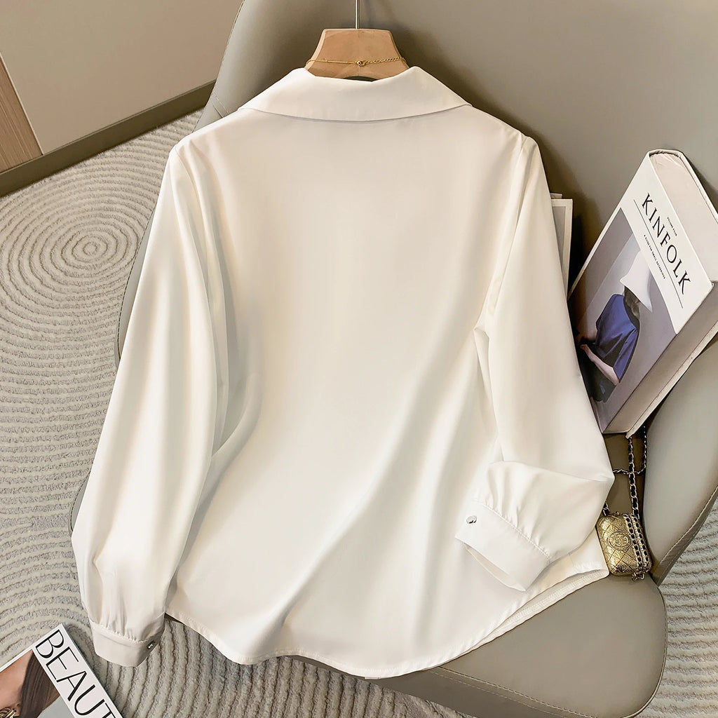 White Long Sleeve Polo Collar Shirt for Women Plus Size Spring Autumn Fashionable Base Layer Blouse French Style Premium Feeling