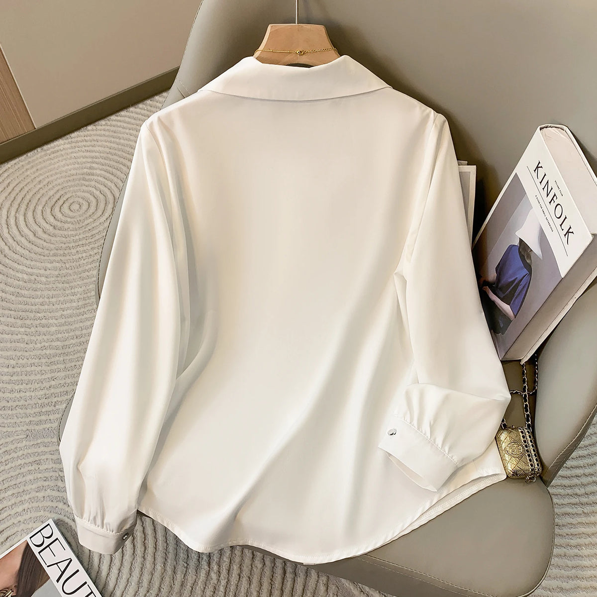 White Long Sleeve Polo Collar Shirt for Women Plus Size Spring Autumn Fashionable Base Layer Blouse French Style Premium Feeling