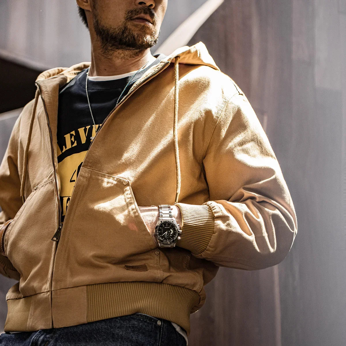 Maden Men's Vintage J130 Jacket Heavyweight Canvas Hooded Jackets Classic Zip Front Drawstring Hem Coat Outerwear for Autumn