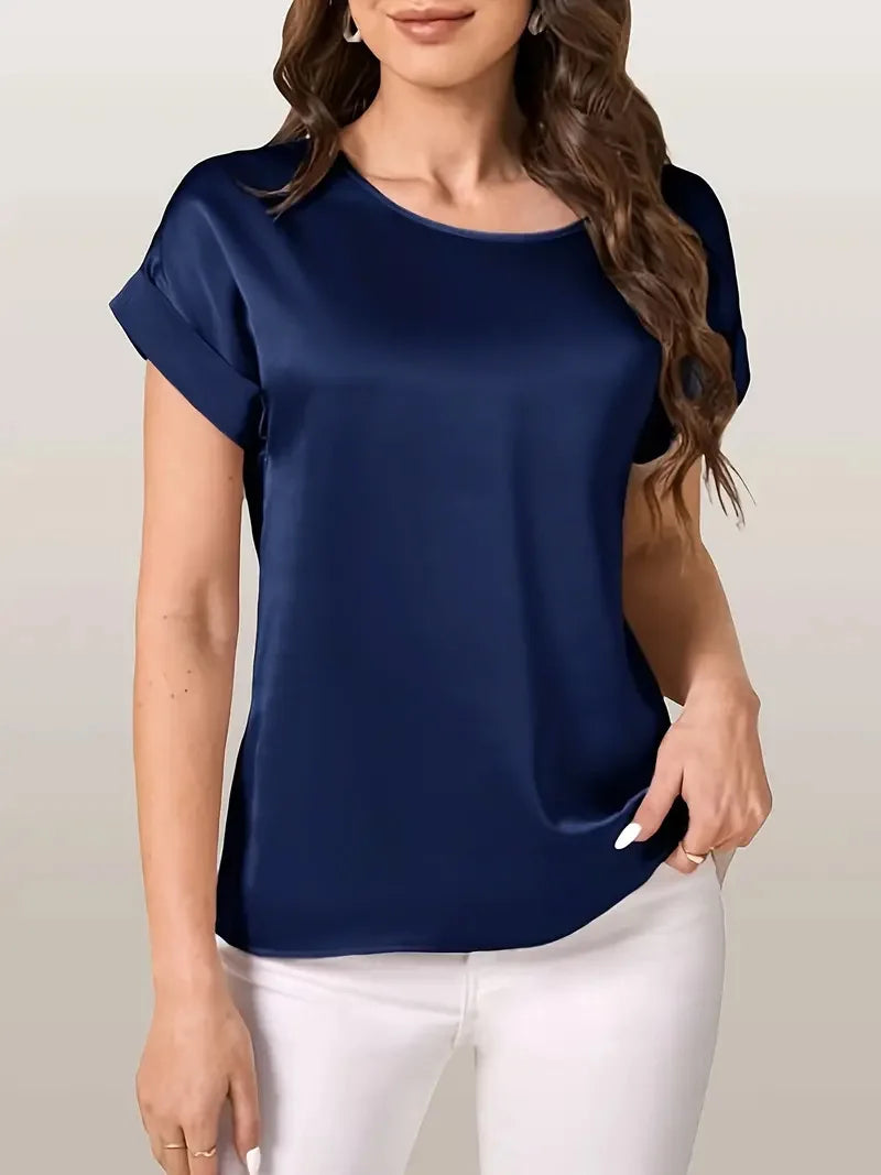 2025 Women's Clothing Summer New Simple Style Round Neck Solid Color Light Sensation Short Sleeve Loose T-shirt