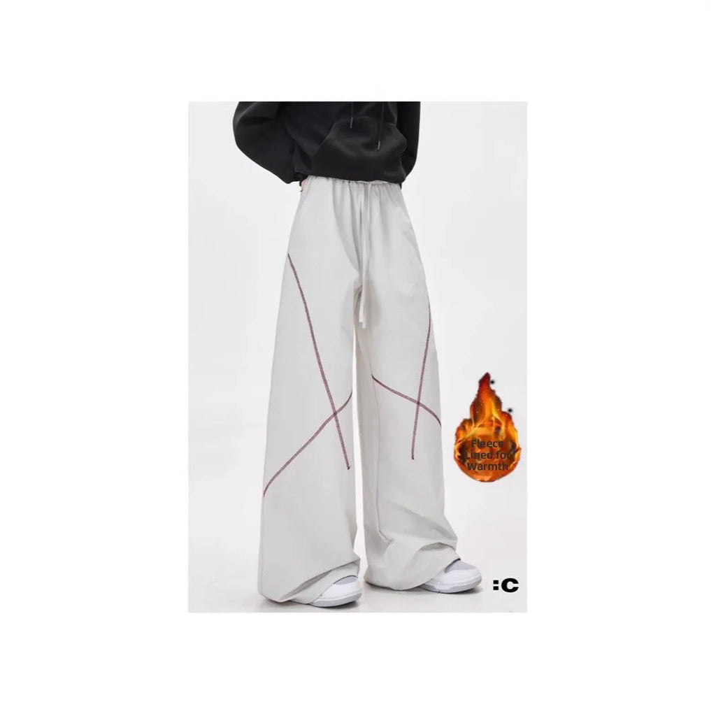 American High Street Thickened Fleece Lined Straight Leg Sporty Casual Pants Autumn Winter Unisex Wide Leg Pants
