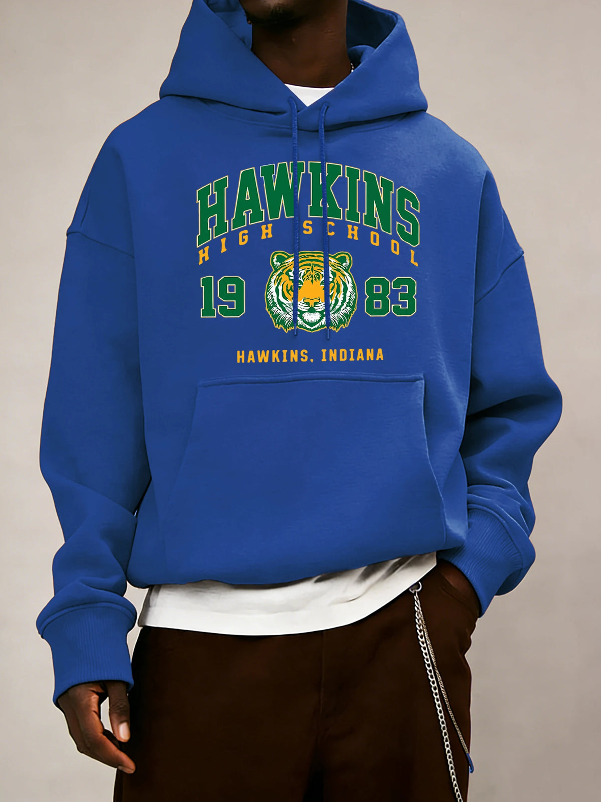 Hawkins High School 1983 Prints Men Hoodie Autumn Pocket Sportswear Loose Fleece Pullover 14 Colour Unisex Simple Long Sleeve