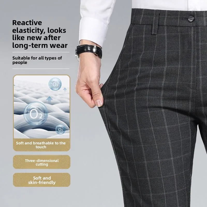Autumn Winter Men's Business Casual Plaid Pants Korean Fashion Stretch Slim Fit Suit Pants Male Office Formal Versatile Trouser