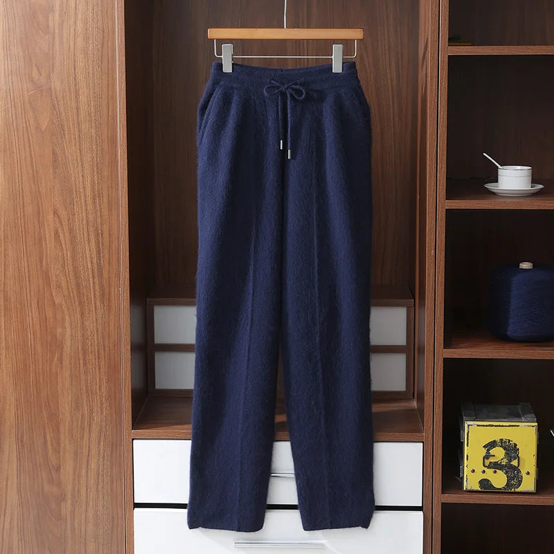 Autumn Winter 100% Mink Cashmere Men's  Pants Thickened Knitted Long Pants Slim Fitting Solid Color Warm Flat Corner Pants