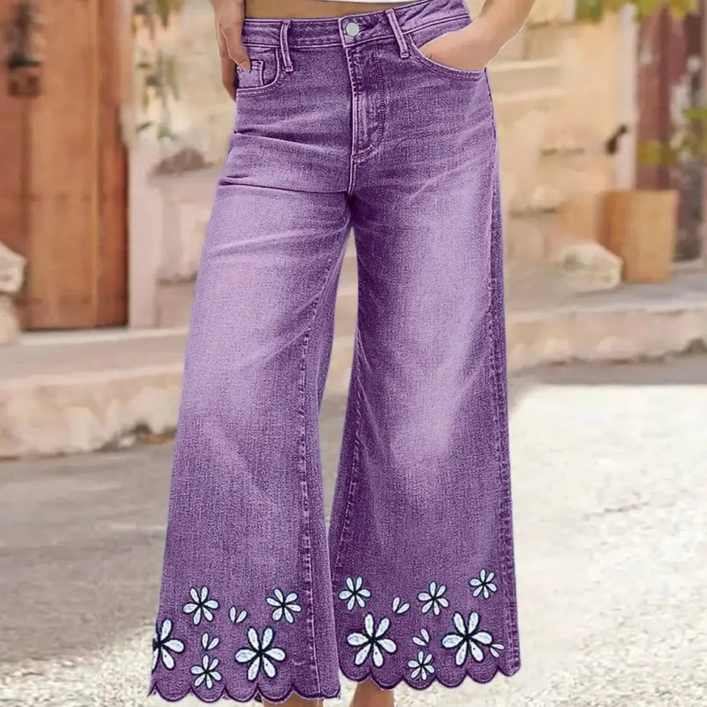 Plus Size Womens Loose Fit Jeans Printed Denim Pants Elastic Waist Comfort Stretch Trousers Floral Embroidery Women's Pants