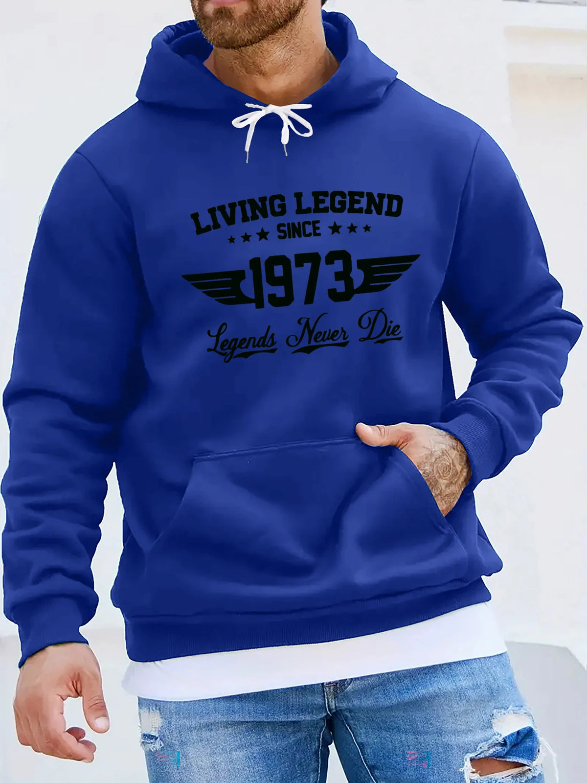 Men's autumn and winter casual fashion loose hoodie retro 1973 letter pattern printed long sleeved warm pullover sweater