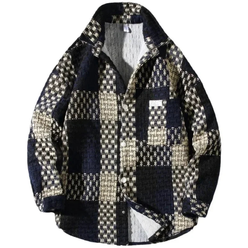 Fashion Loose Spell Color Grid Single Breasted Lapel Jacket, Men's Spring and Autumn New Casual Handsome Jacket with Pockets