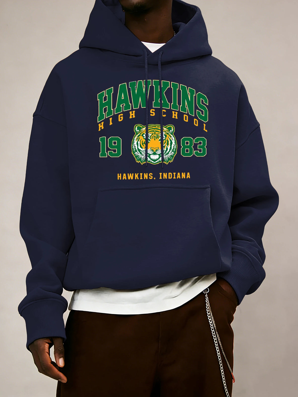 Hawkins High School 1983 Prints Men Hoodie Autumn Pocket Sportswear Loose Fleece Pullover 14 Colour Unisex Simple Long Sleeve