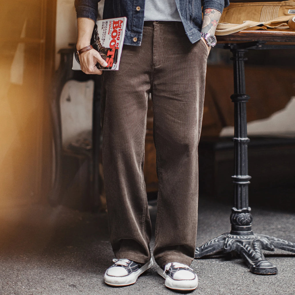 Maden Corduroy Pants for Men Thick Warm Wide Leg Straight Trousers Autumn Winter Retro Casual Brown Corduroy Long Pants
