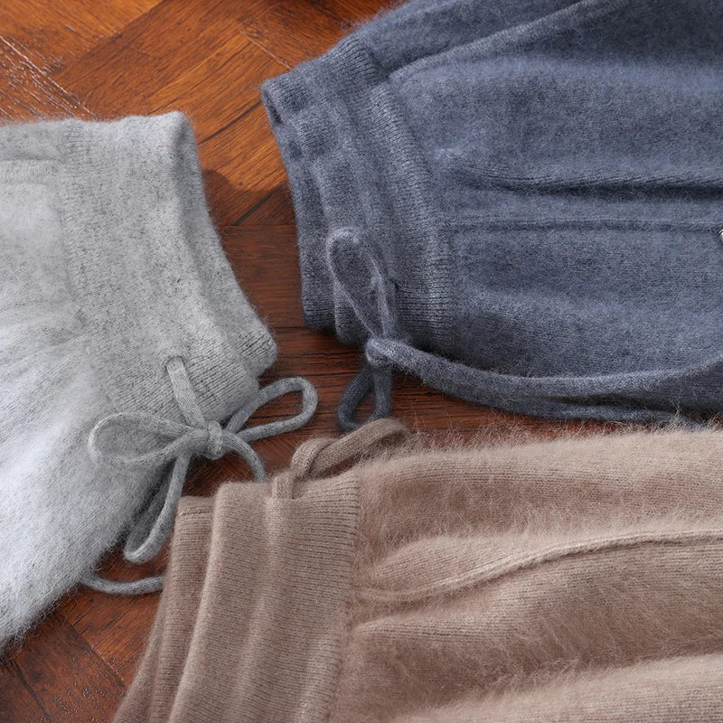 Autumn Winter 100% Mink Cashmere Men's  Pants Thickened Knitted Long Pants Slim Fitting Solid Color Warm Flat Corner Pants