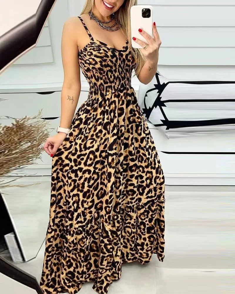 Summer new leopard print camisole V-neck dress high waisted skirt sexy temperament  long skirt women's clothing plus size