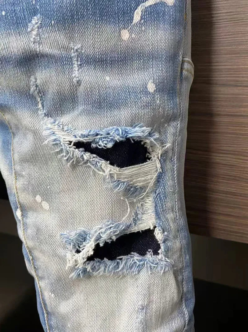 Baggy Jeans For Man Pants Distressed Jeans Trendy Streetwear Slim Straight Leg Stretch Trousers Mens Fashion