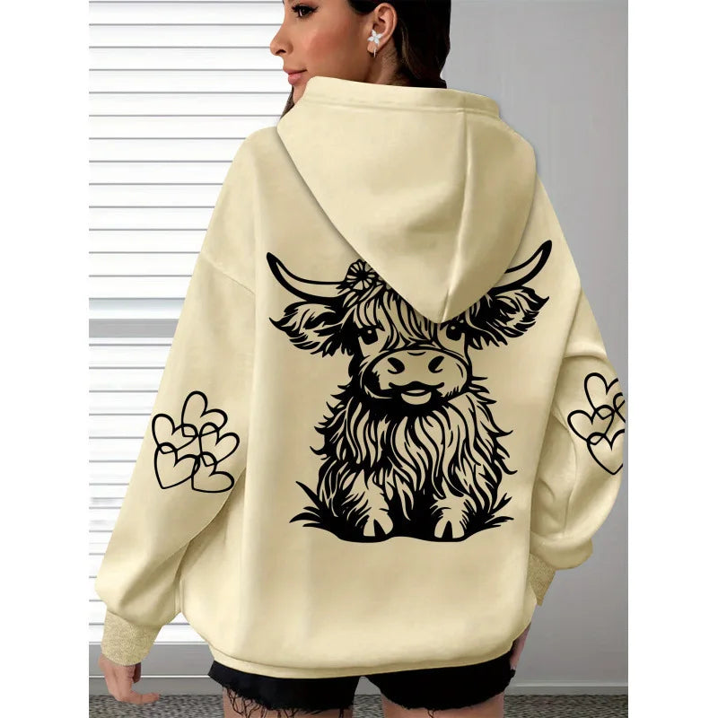 Spring and Autumn Women's Hoodie with Highland Cow Print and Claw Heart Design, Large Comfortable and Soft Long Sleeve Hoodie