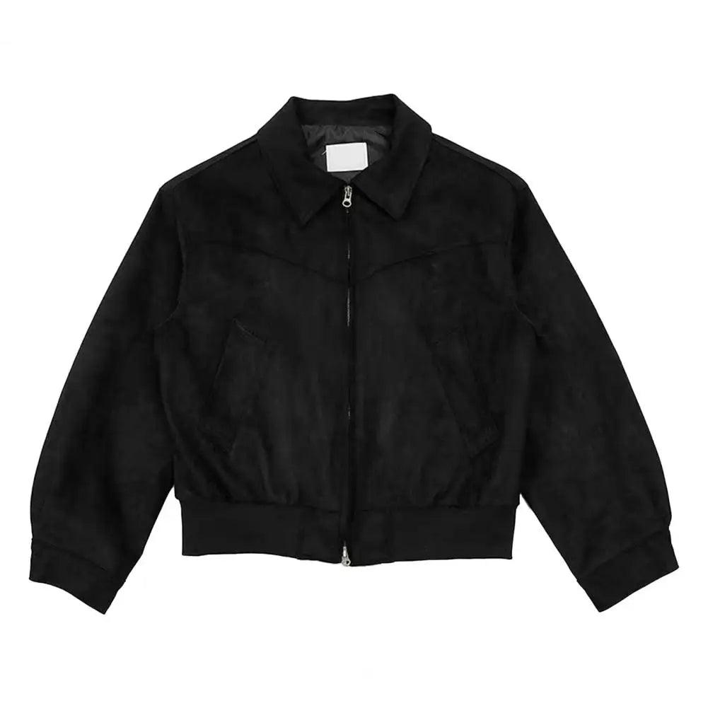 Men Zip-up Jacket Stylish Men's Lapel Jacket with Zipper Closure Side Pockets Solid Color Outwear for Short Style Long Sleeve