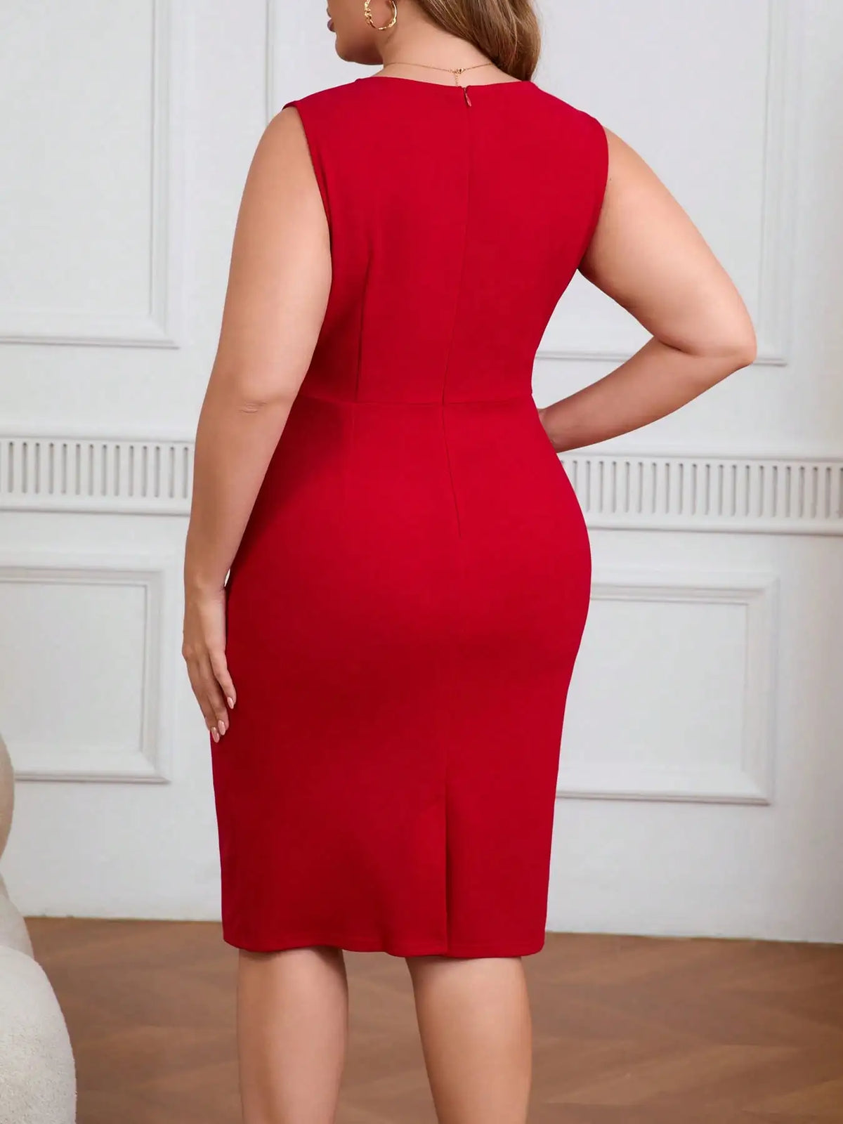 Plus Size Dress Women Ruched Crew Neck Sleeveless Solid Color Bodycon Sheath Cocktail Party Dress S-5XL Vestidos