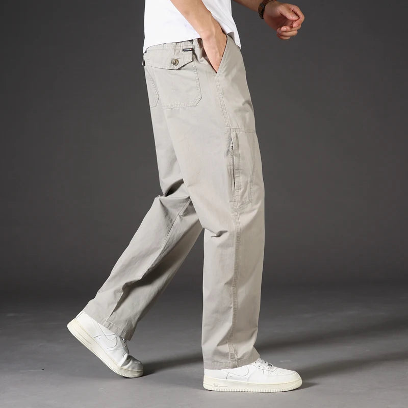 Classic Man Casual Cargo Pants Zipper Pockets Big and Tall Sports Outdoor Outfits Khaki Grey Men's Trousers