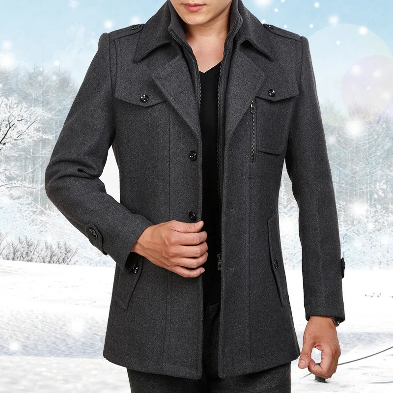 Zipper Coat Windbreak Woolen Overcoat Men Fashion Autumn Winter Wool Trench Coats Fashion Middle Long Jacket Male Double Collar