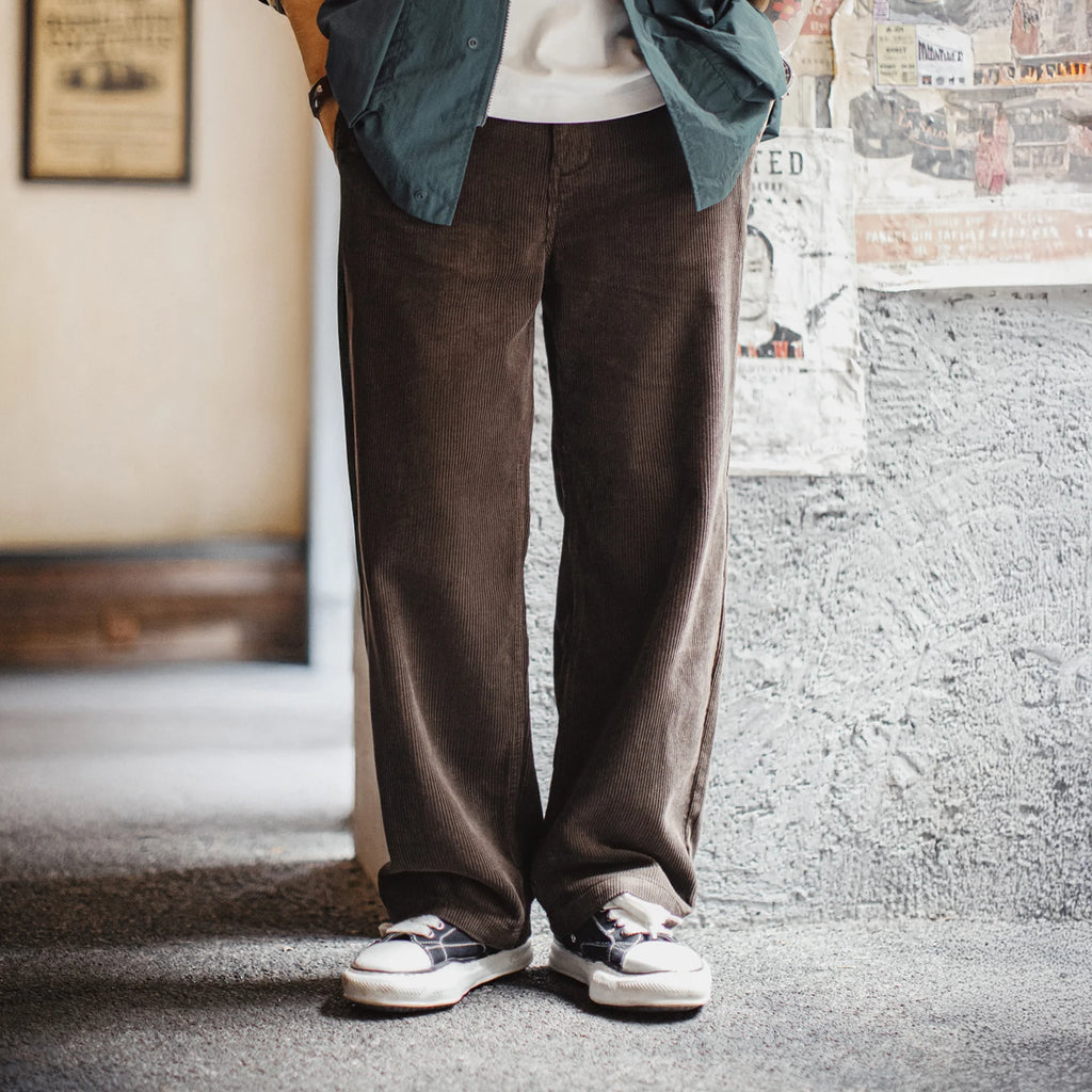 Maden Corduroy Pants for Men Thick Warm Wide Leg Straight Trousers Autumn Winter Retro Casual Brown Corduroy Long Pants