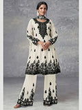 Plus Size Women's Off-White and Black Printed Three-Piece Set Ethnic Style Crew Neck Long Top Wide-Leg Pants and Headscarf Set
